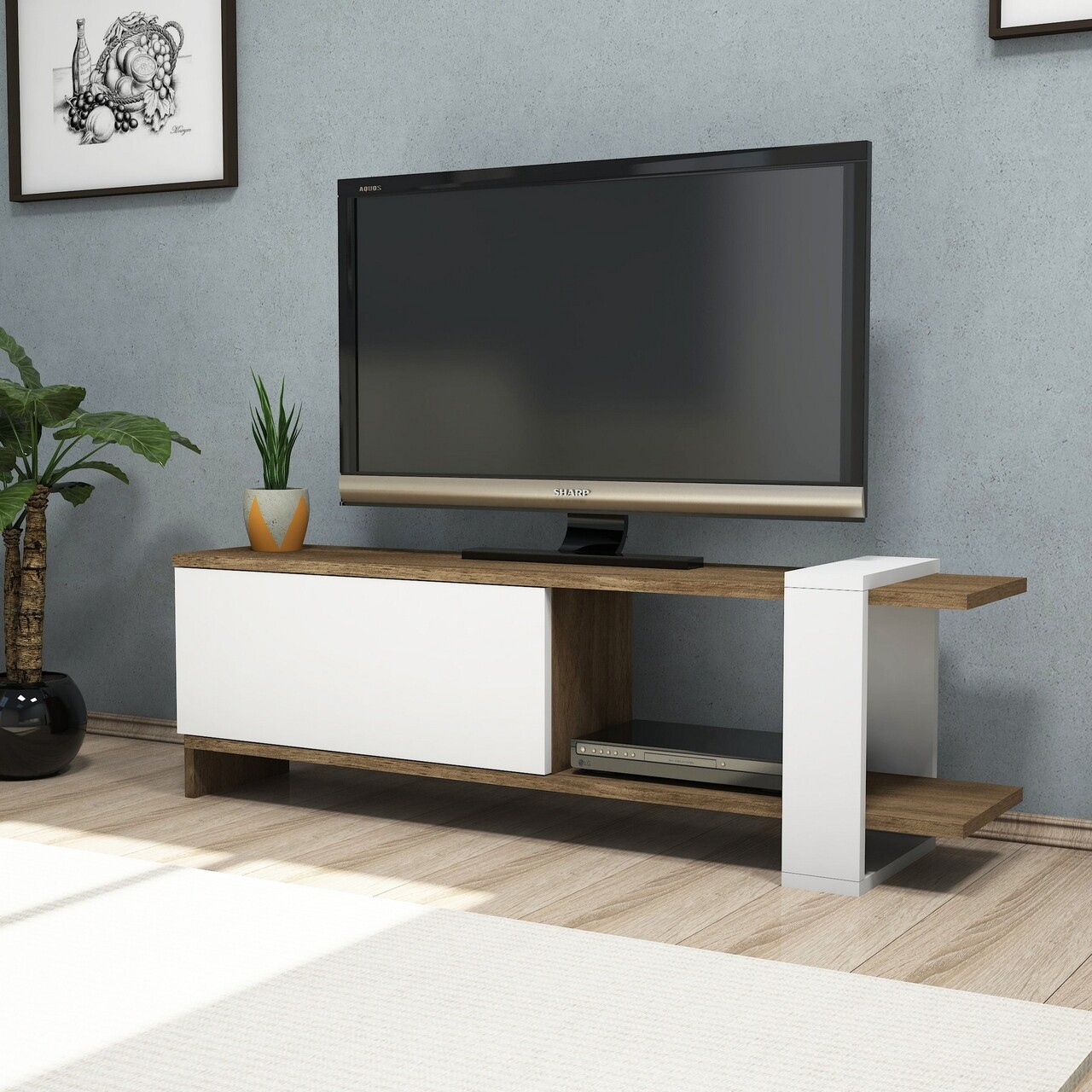 Comoda TV Gaye, Puqa Design, 120x25x37 cm, alb/maro - imagine 5